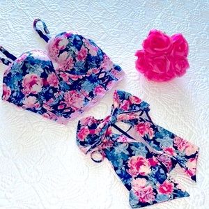 Set Dream Angels Bustier Demi Lined Corset Bra Thong Bow Panties Floral …